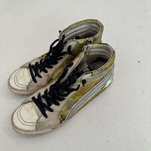 Golden Goose High-Top Sneakers in Glittery Gold and White
